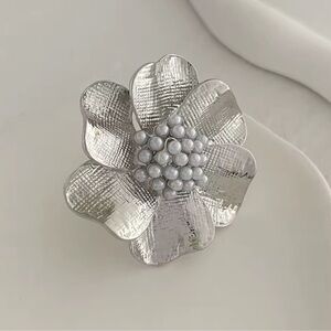 Vintage Flower Silver Pearl Adjustable Ring